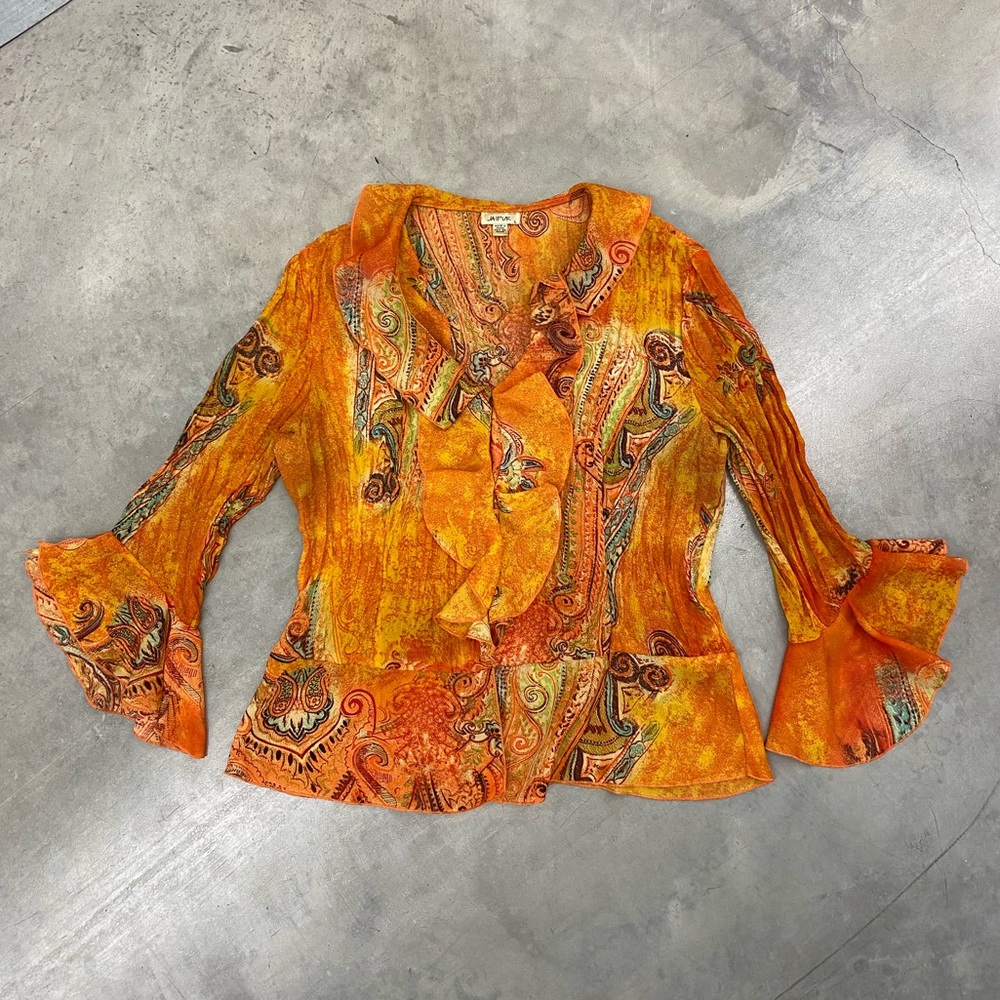 Jaipur Paisley Blouse Button Down Top Flowy Sleeves Womens Large Whimsigoth